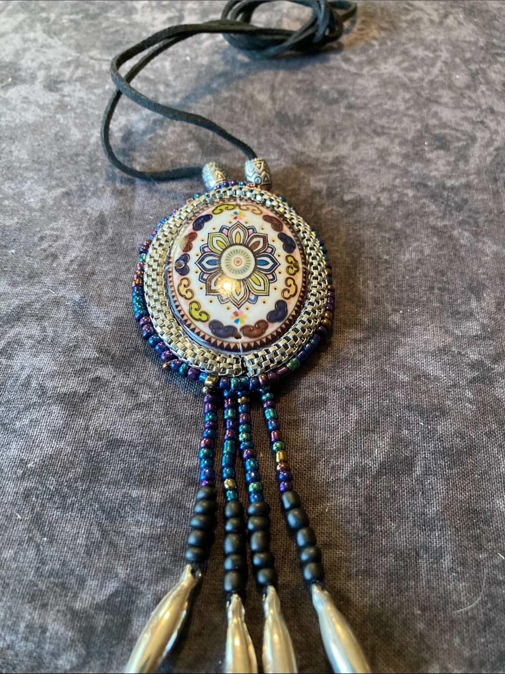 Southwestern Beaded Decorative Pendant on Cord Necklace